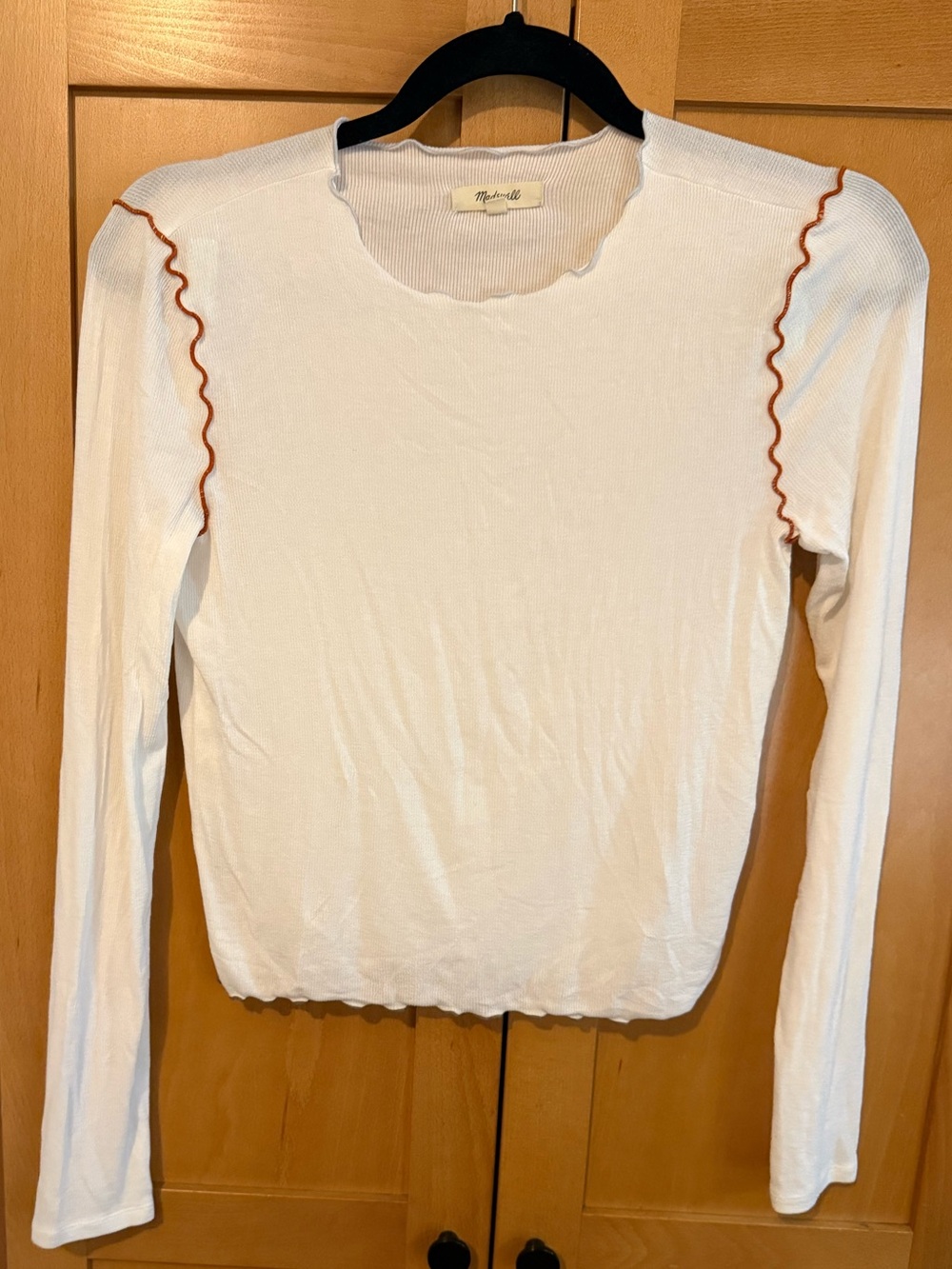 Madewell Semi Sheer White Ribbed Crop Top w/ Orange Contrast Stitch Size XS